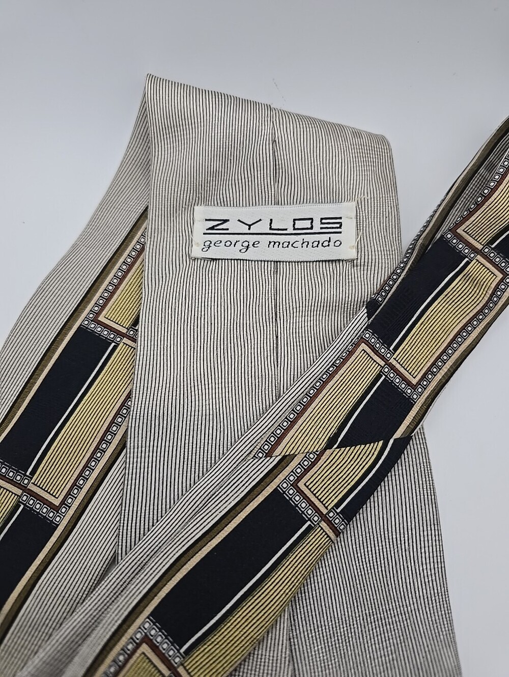ZYLOS GEORGE MACHADO Vtg 90s Geometric Silk Tie 100% Imported Silk Black Gold